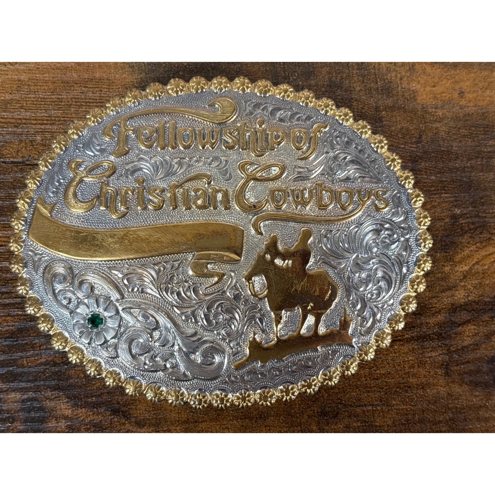 Crumrine Fellowship of Christian Cowboys Belt Buckle Silver Gold Tone USA Made